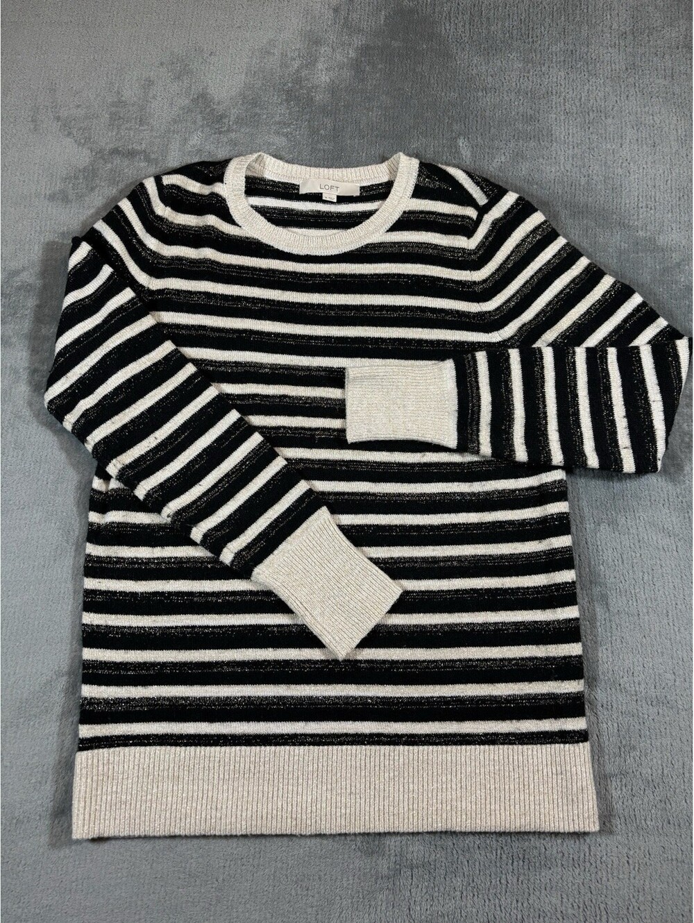 LOFT Size M Black & White Round Neck with Long Sleeves Sweater Stripes Sparkle